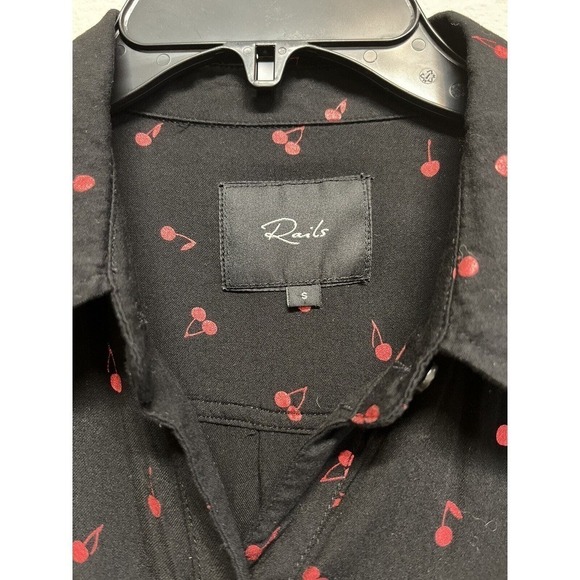 RAILS Women’s Rocsi Metallic Cherry Print Button Down Shirt Black Red Size S - Picture 3 of 11